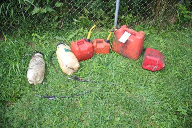 1 Gallon Gas Can, (2) 2 Gallon Gas Cans, 5 Gallon Gas Can, and (2) Sprayers image