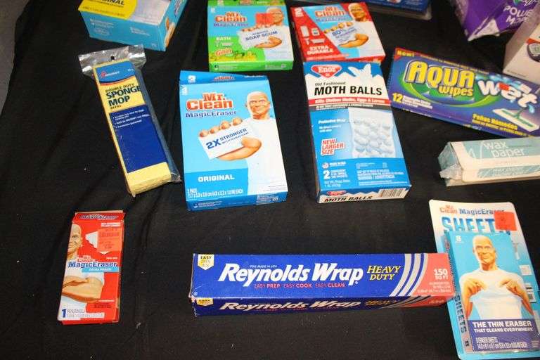 Reynolds Wrap, Swiffer Pads, Mr. Clean Magic Erasers, Pack Mate Vacu-Seal, Size Medium Rubber Gloves, and Misc.