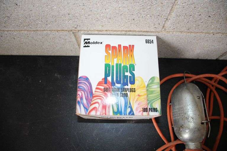 Box of Ear Plugs, Shop Light, Knee Pads, Tool Belts, and Downspout Strainer