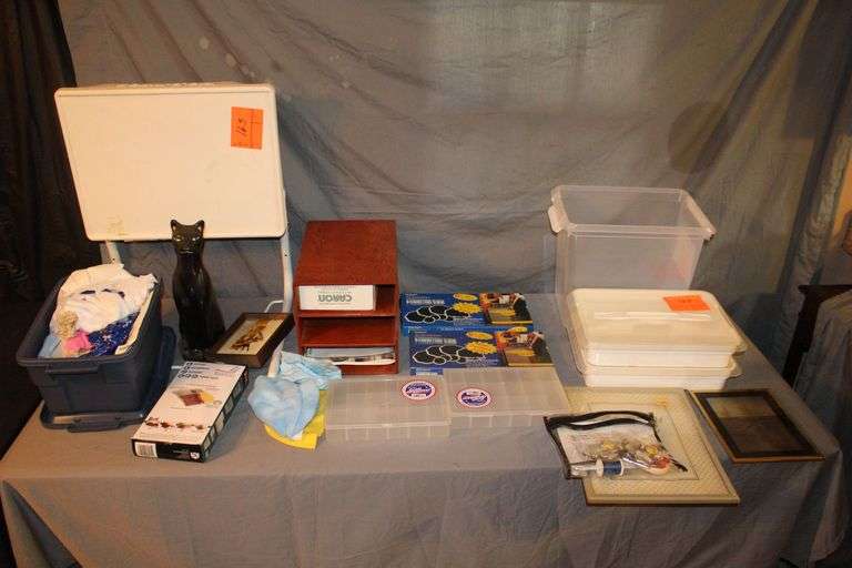 (2) Plastic Covered Trays, Plastic Bins, Plastic Tote, White Plastic End Table, Super Sliders, 3 Drawer Cubby, Fabric, and Misc.