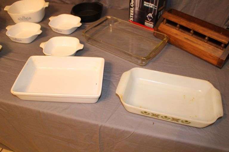 Corningware 12 oz. Baking Dishes, Pyrex Baking Dish with Lid, Glass Pyrex Baking Dish, Fire King Baking Dish, Thermos, and Misc.