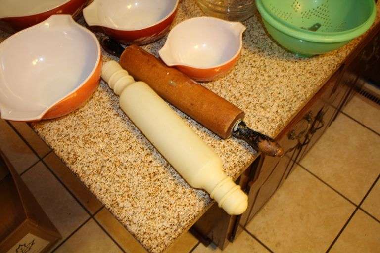 Pyrex Mixing Bowls, Plastic Measuring Cups, Glass Bowls, Strainer, (2) Sifters, Biscuit Cutters, and Misc.