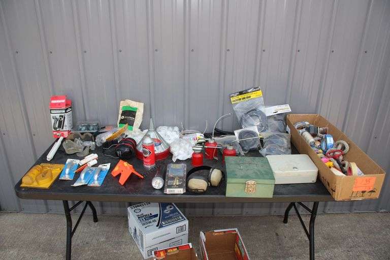 Oil Cans, Tape, Wire Wrap, Muffs, Boxes, Chalk Line Set, Door Handles, Funnel, and Misc. image