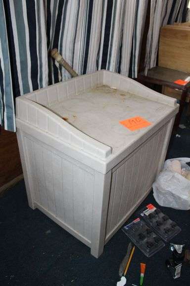 Suncast Deck Box, Baseball Bat, Septic Snake, Wire, Hammer, Wire Brush, and Misc.