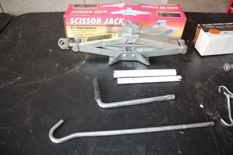 Larin 1 1/2 Ton Scissor Jack, Pittsburgh Coil Spring Compressor, and Pittsburgh Clamp Set