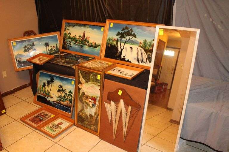 (4) Oil Paintings, Vertical Mirror, (2) Gary Peterson Prints, and Misc. Framed Wall Decor