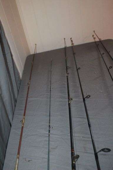 Garcia 5500 Rod and Reel, (3) Shimano Rods and Reels, and (2) Fishing Rods