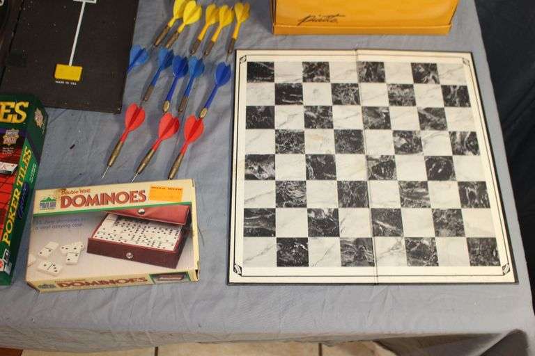 Dartboard with Darts and Frame, Dominos, Chess Board, Poker Tiles, ESPN Jeopardy, and Misc. Board Games