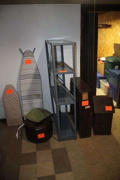 Tater Box, 4 Tier Shelf, 4 Tier Metal Shelf, Footstool, (2) Ironing Boards, and Pillow