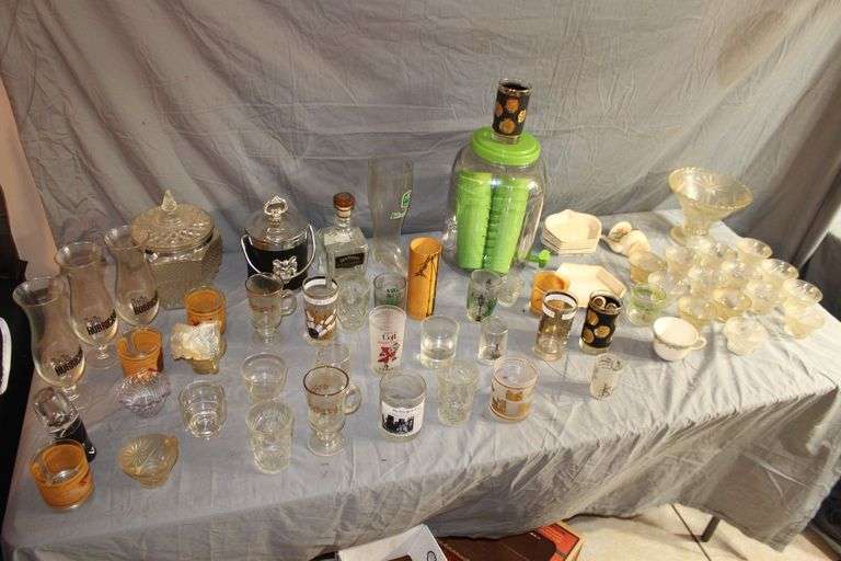 Ice Bucket, Punch Cups, Glass Boot, Drink Dispenser with Cups, 1985-86 Louisville Basketball Glass, Shot Glasses, and Misc. Glassware