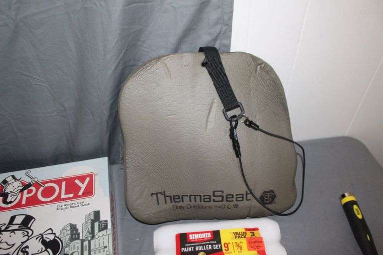 Metal Box, Monopoly Board Game, Extension Cords, Envelopes, (2) Plastic Baskets, Paint Roller, Office Supplies, and Misc.