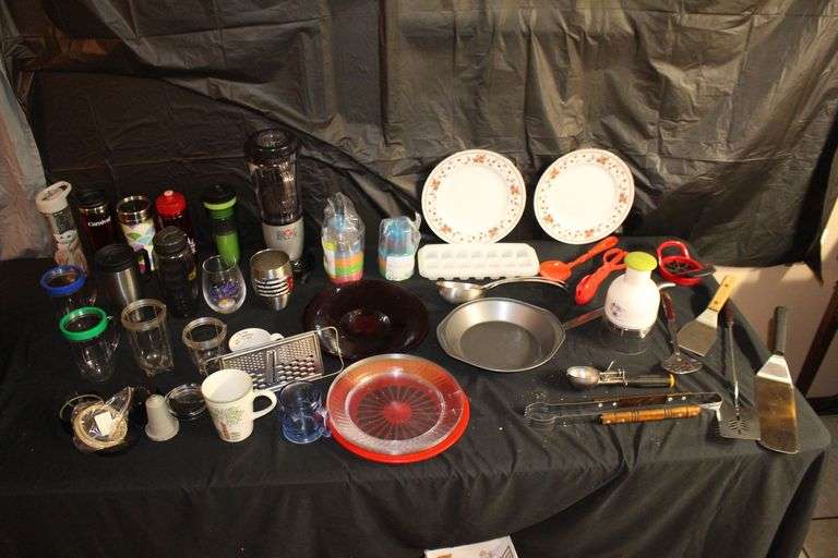 Magic Bullet Mixer, Magic Bullet Mixer Cups, Sheffield Decorative Plates, Coffee Mugs, Spatulas, Tongs, Plastic Cups, Ice Tray, and Misc.