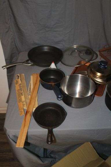 6.5 Inch Number 3 Cast Iron Skillet, Calphalon Skillet, (2) Coffee Makers, Strainers, Pots with Lids, and Misc.