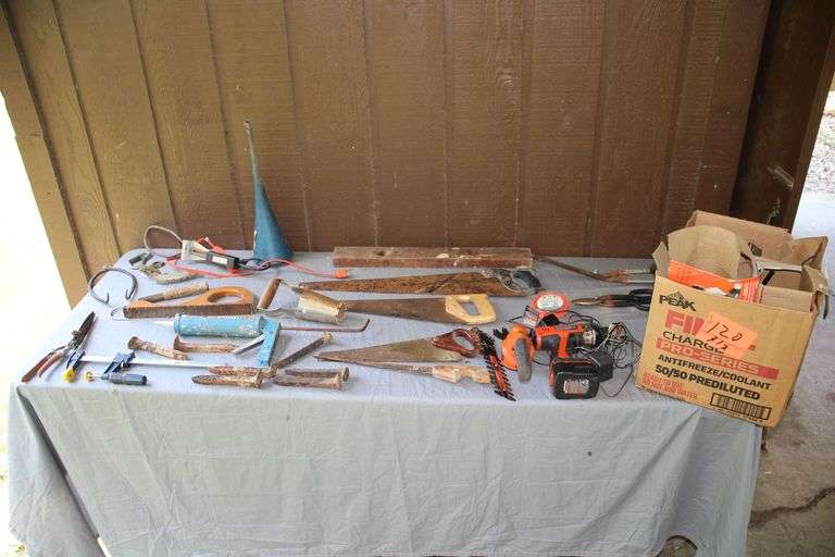 Handsaws, Level, Clamp, 12V Black & Decker Drill, Battery Operated Trimmer, and Misc. image