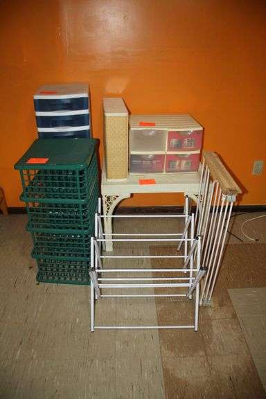 Wicker Coffee Table, Folding Shoe Rack, 4 Drawer Plastic Container, 2 Tier Rack, 4 Tier Rack, and 7 Drawer Cart on Wheels