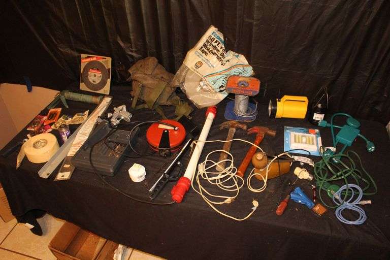 (2) Claw Hammers, Belden Electrical Wire, Electrical Cord, Abrasive Blade, Weatherstrip Tape, Lights, and Misc.