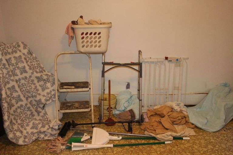 Step Stool, Walker, Brooms, Cane, Sheets, Door Gate, Towels, Plunger, and Misc. image