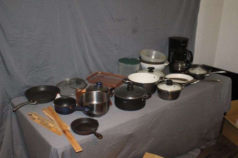6.5 Inch Number 3 Cast Iron Skillet, Calphalon Skillet, (2) Coffee Makers, Strainers, Pots with Lids, and Misc.