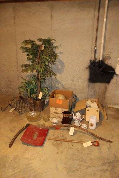 Artificial Plants, Gallon Bucket, Ceramic Items, Snow Shovel, Sythe, Fire Grate, and Misc. image