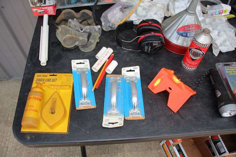 Oil Cans, Tape, Wire Wrap, Muffs, Boxes, Chalk Line Set, Door Handles, Funnel, and Misc.