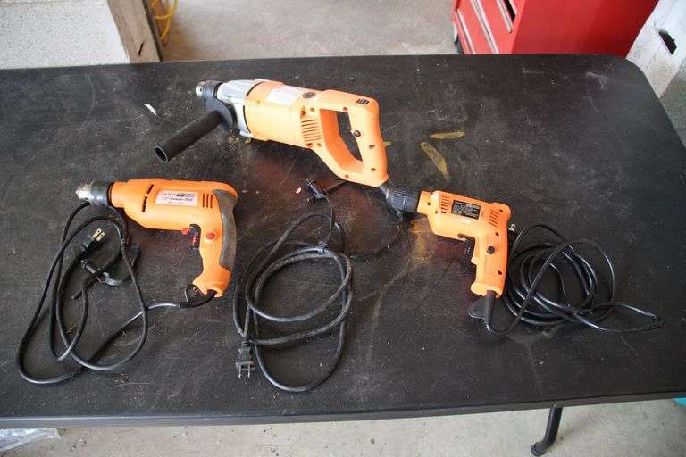 Chicago 1/2 Inch Hammer Drill, 1/2 Inch Variable Speed Drill, and 3/8 Inch Electric Drill image