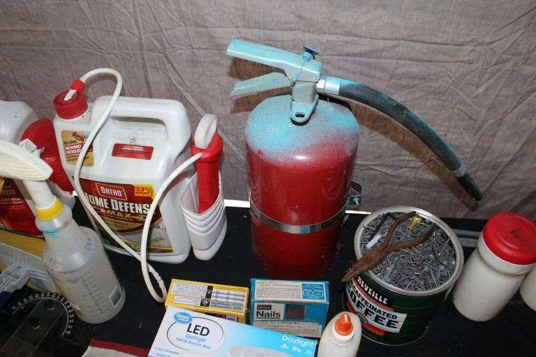 Waterproof Sealer, Ortho Insect Killer, Hand Saw, Fire Extinguisher, Caulk, Caulk Gun, Screws, Clover Needlecraft, and Misc.
