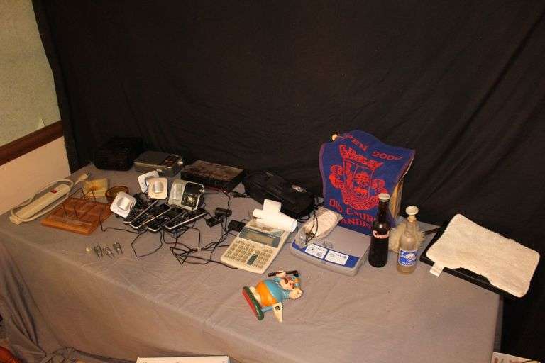 Golf Figurine, Ash Trays, Texas Instruments Adding Machine, Glass Coke Bottles, Surge Protector, Telephones, Radios, and Misc. image