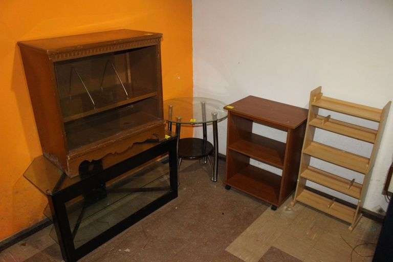 Glass Top TV Stand, Wooden TV Stand, End Table on Wheels, Circular Glass Top End Table, and 5 Tier Wooden Shelf image
