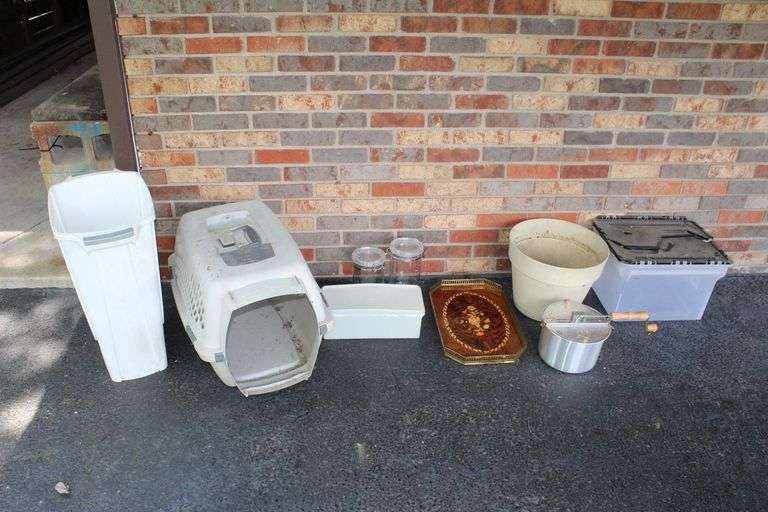 Serving Tray, Plastic Canisters, Popcorn Spinner, Plastic Flower Pot, Tote, Trash Can, and (2) Wooden Snowman Decorations image