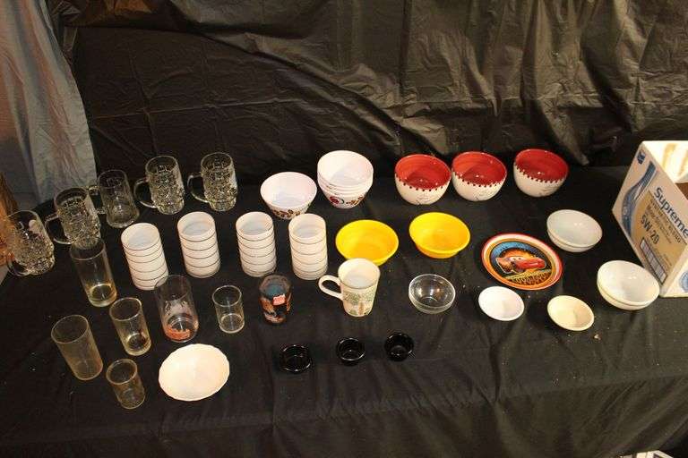 Tabletop Gallery Bowls, Zak Bowls, (2) Fire King Bowls, Glass Mugs, Condiment Bowls, Glasses, and Misc.
