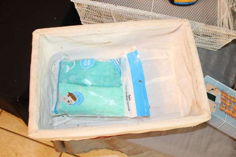 Door Beads, Frog Decorations, Plastic Toolbox, Step Stool, Vases, Pitcher, Lined Wicker Basket, Cleaning Supplies, and Misc.