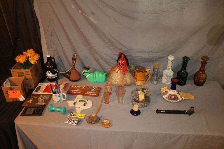 Glass Decanters, Coca Cola Glass, Liquor Barn Glass, Pens, Wall Decorations, Decanter, and Misc.