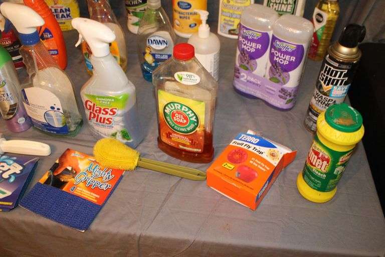 Murphy Wood Cleaner, Antibacterial Wipes, Hornet Spray, Swiffer Power Mop, Glass Cleaner, and Misc. Cleaning Supplies