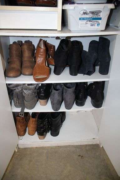 Womens Dress Shoes, Boots, and Misc. Women's Shoes, and (4) Wooden Cabinets