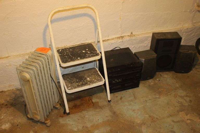 Electric Heater, Step Stool, (2) RCA Speakers, Stereo Speaker, and Panasonic High Speed Stereo, and Record Player image
