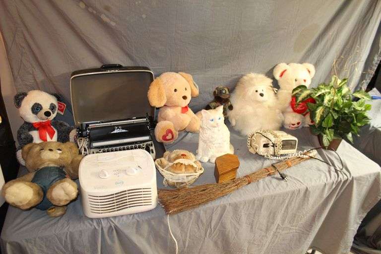 Sears Typewriter, Bear Stuffed Animals, Cat Figurine, Artificial Flowers and Flower Pot, Febreze Air Freshener, and Misc.