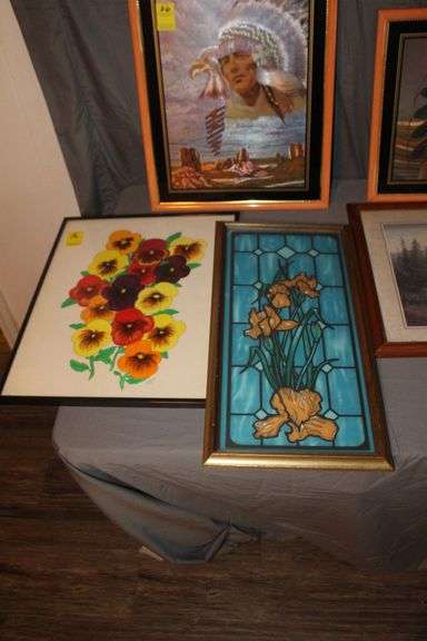 Various Sized Framed Pictures and 2-Tier Shelf