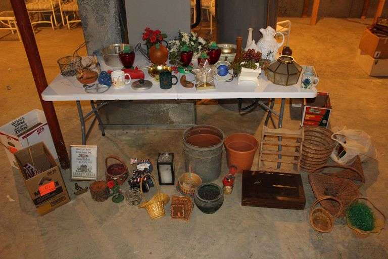 Hummingbird Feeders, Pans, Flowers, Milk Glass Pitcher, Baskets, Knick Knacks, and Misc. image