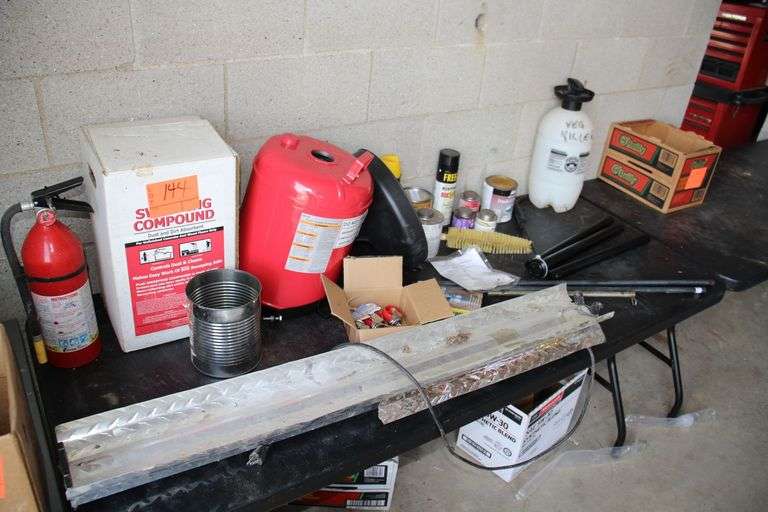 5 Gallon Portable Oil Drain Dolly, Sprayer, Fire Extinguisher, Floor Compound, Shop Light, and Misc. image
