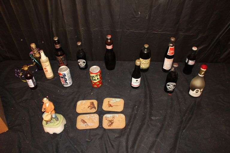 Drummer Figurine, Coasters, Soda Cans, and Misc. Glass Bottles