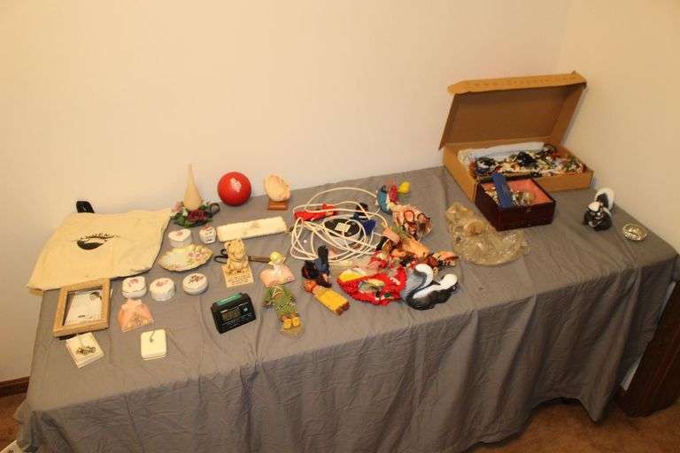 Earrings, Bracelets, Necklaces, Costume Jewelry, Figurines, Dolls, Brandenburg Telephone Bag, Pin Trinket Boxes, and Misc. image