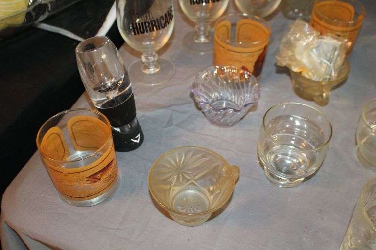Ice Bucket, Punch Cups, Glass Boot, Drink Dispenser with Cups, 1985-86 Louisville Basketball Glass, Shot Glasses, and Misc. Glassware