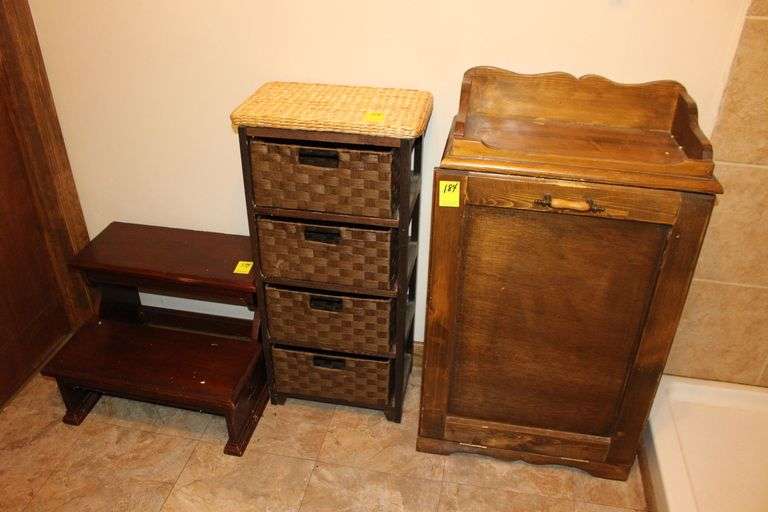 Wooden Clothes Hamper, Wooden Step Stool, and 4 Drawer Cubby Shelf image