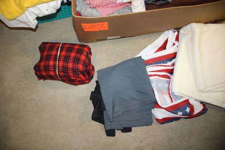 Belts, Blankets, Fabric, 2 Drawer Plastic Container, Sterilite Single Drawer Container, Wash Cloths, and Misc.