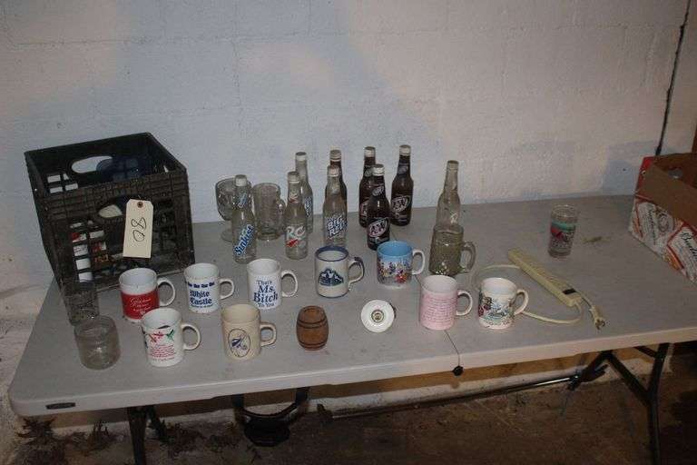 Glass Soda Bottles, 1993 Derby Glass, Coffee Mugs, Power Strip, Milk Crate, and Misc. image