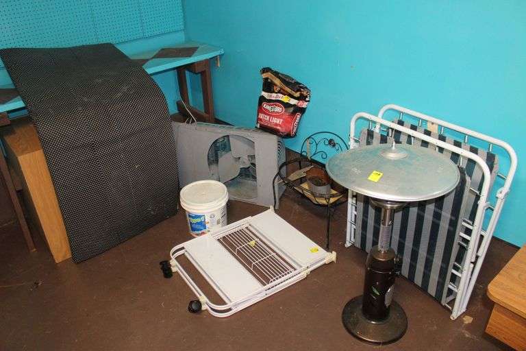 (2) Folding Cots, Standing Heater, Fan, Metal Flower Stand Bench, Kingsford Charcoal, and Type 1 Tile Adhesive