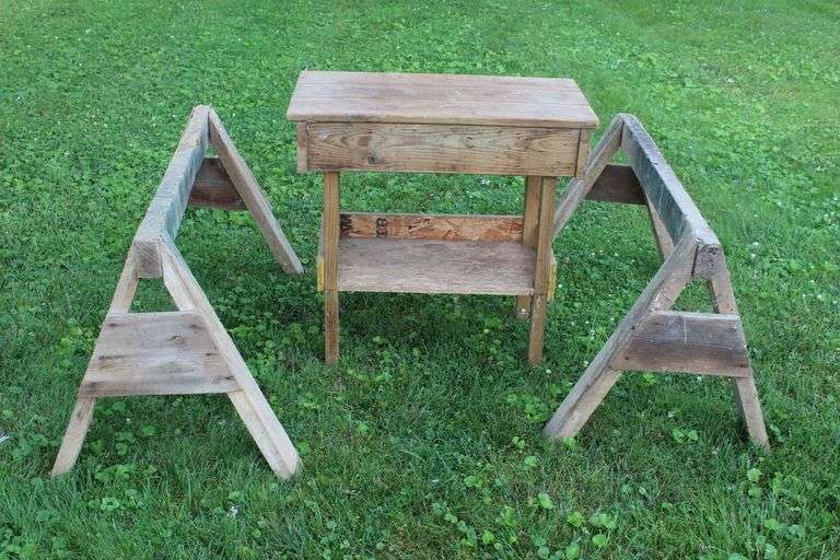 (2) Wooden Saw Horses and Wooden Table image