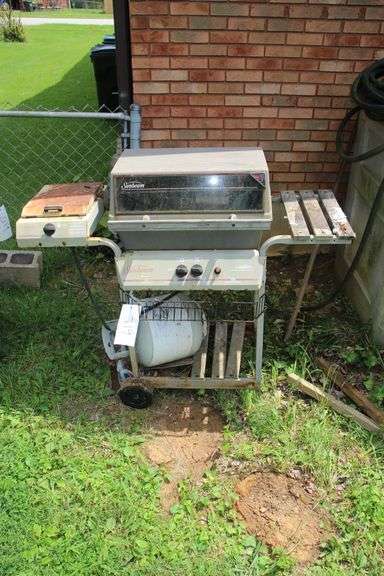 Sunbeam Grill, Rubbermaid Trash Can, Gott Cooler, and Simply 10.5 Gallon Metal Trash Can