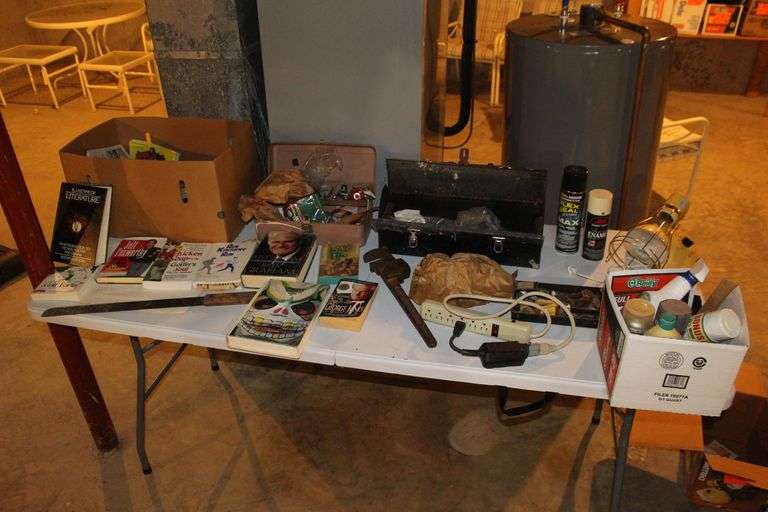 Heat Lamp, Tool Boxes, Tools, Books, Corn Knife, and Misc. image