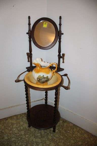 Wash Stand with Mirror, Wash Basin, and Pitcher